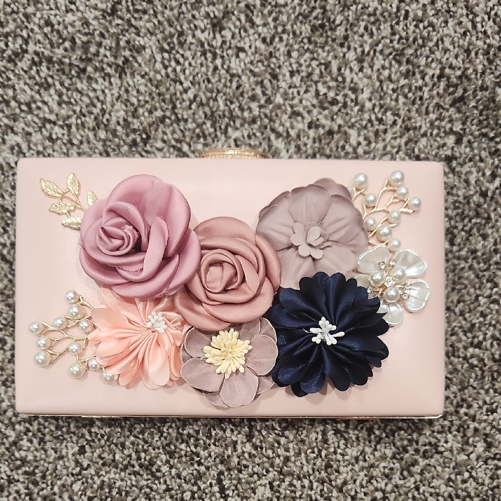 Elegant Floral Clutch with Pink and Navy Accents